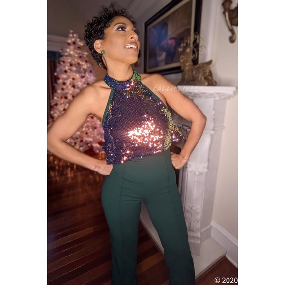 Callie Celebration: Iridescent Orange Sequin Cropped Halter Green Jumpsuit S M - Picture 13 of 16